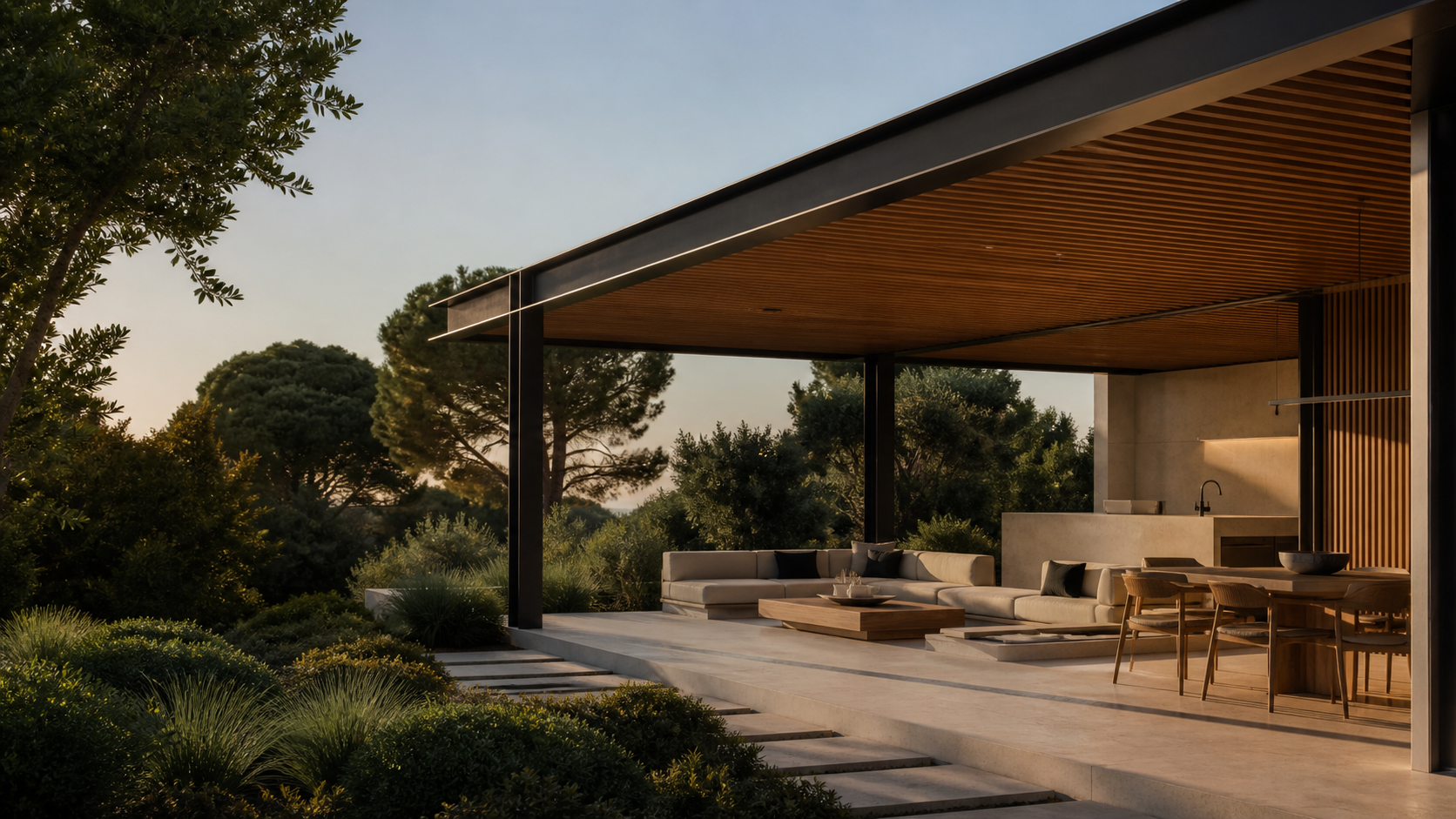 UNART tasarımı modern ahşap pergola ve açık yaşam alanı