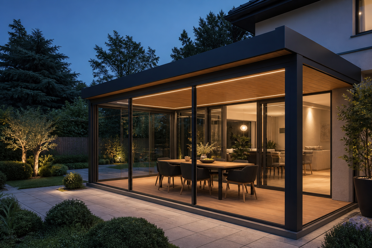 Modern cam kış bahçesi ve veranda